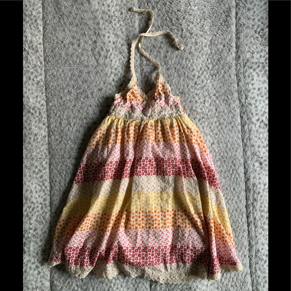 ‼️SOLD‼️Flowered halter sundress with crochet detailing.